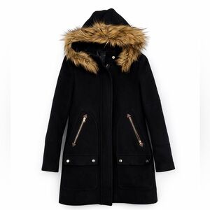 J.Crew Chateau Parka Size 0 | Black Italian Stadium Wool Faux Fur Hood